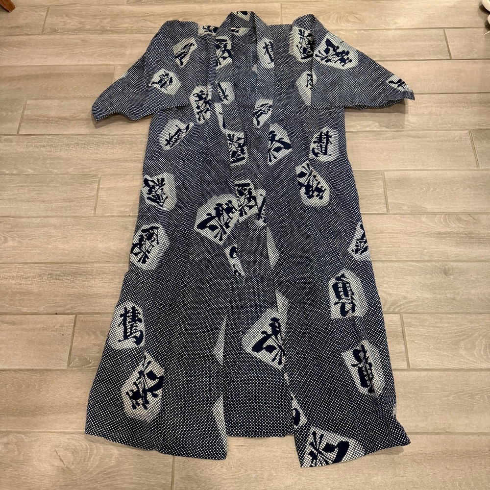 Unbranded Japanese Yukata Kanji Print Navy Blue White Cotton Kimono Robe Mens OS